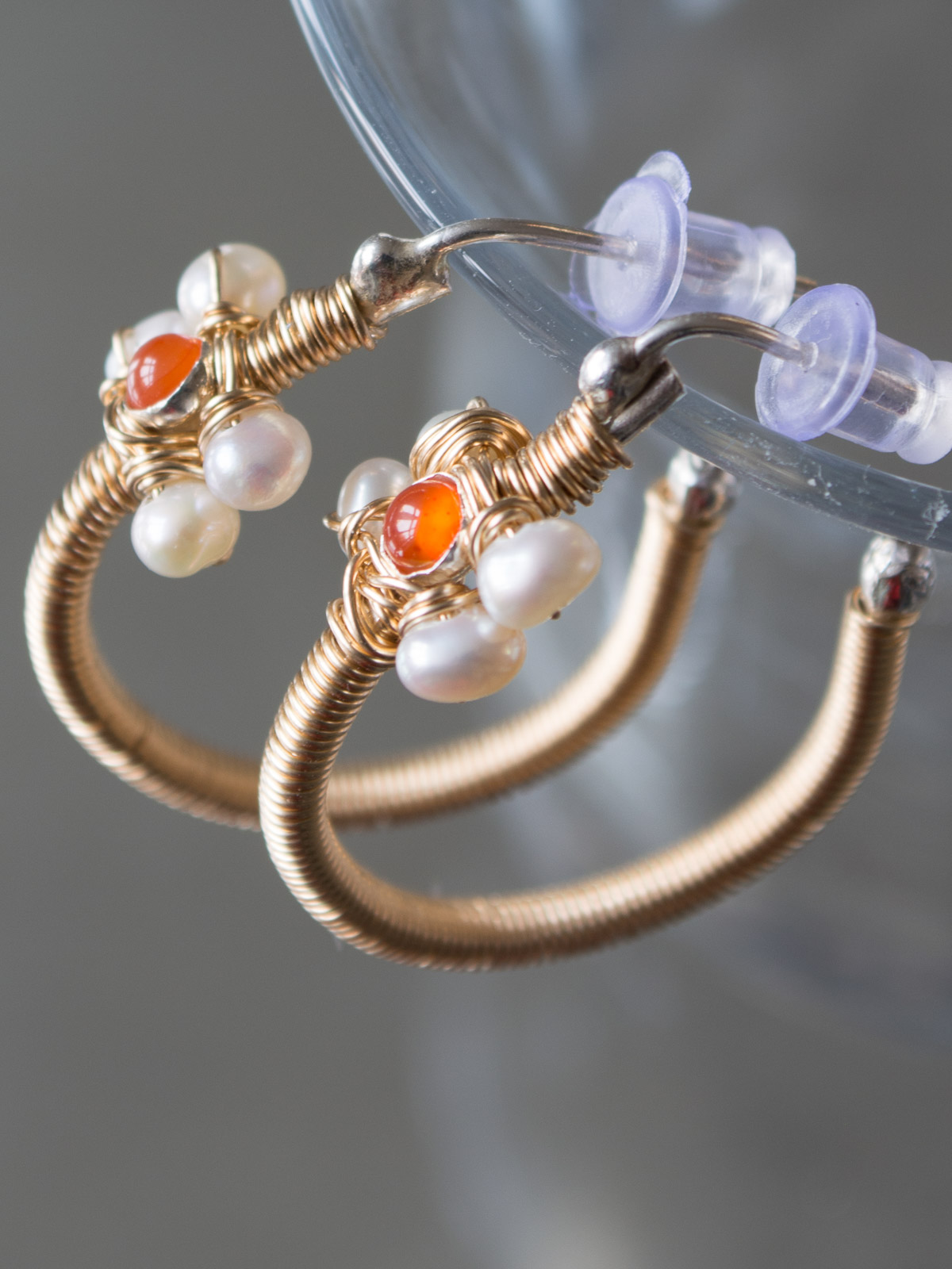 earrings Jasmine hoop, coral red crystal, pearls